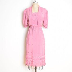 vintage 80s dress pink Edwardian eyelet cottagecore prairie secretary midi M L